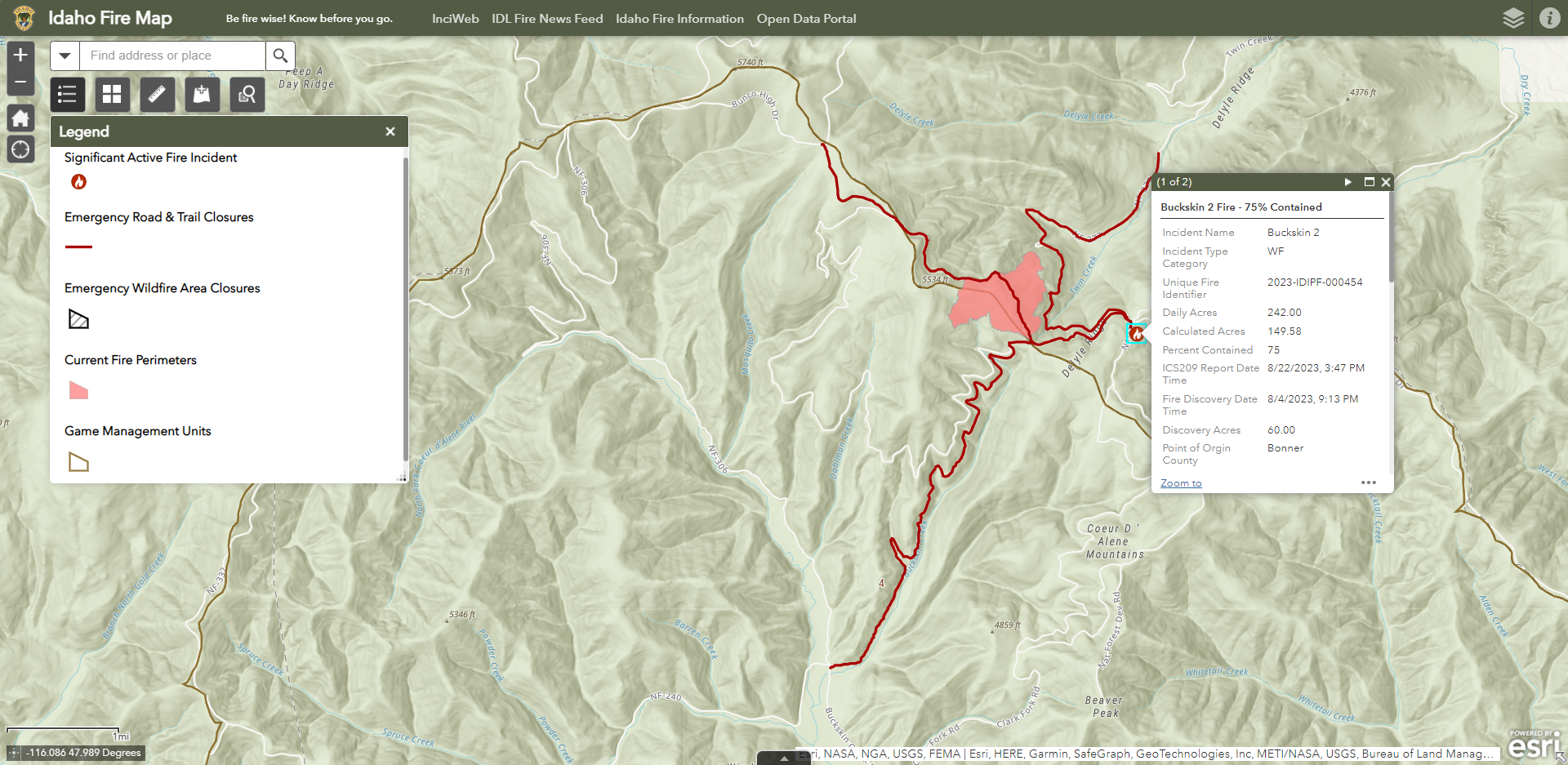 2023 Buckskin 2 Fire Map in North Idaho
