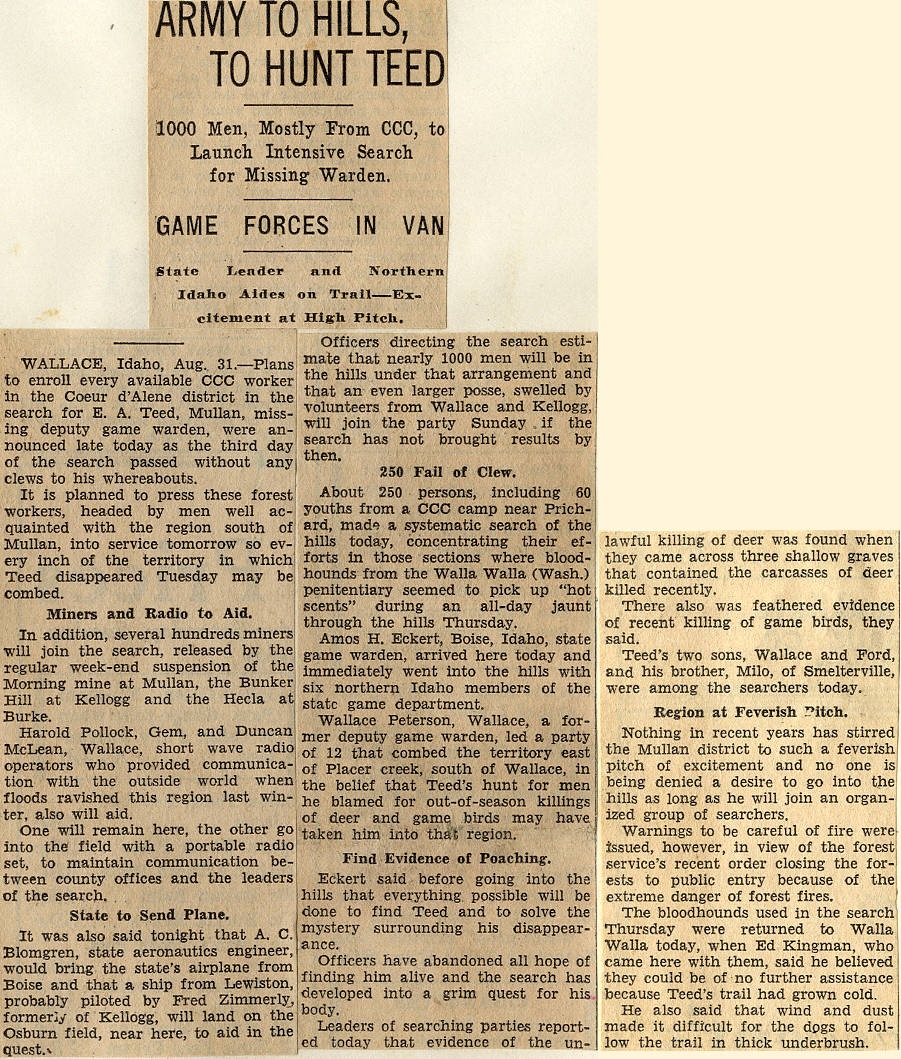 Coeur d'Alene Press story about E.A. Teed's search party.