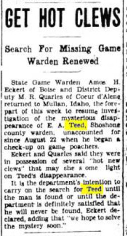 Coeur d'Alene Press story about hot clews regarding E.A. Teed missing.