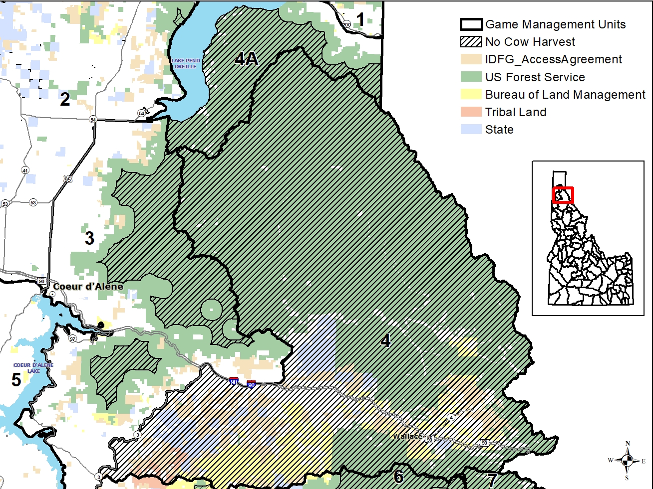 Map showing cow elk closures in Units 4 and 4A in the Panhandle.