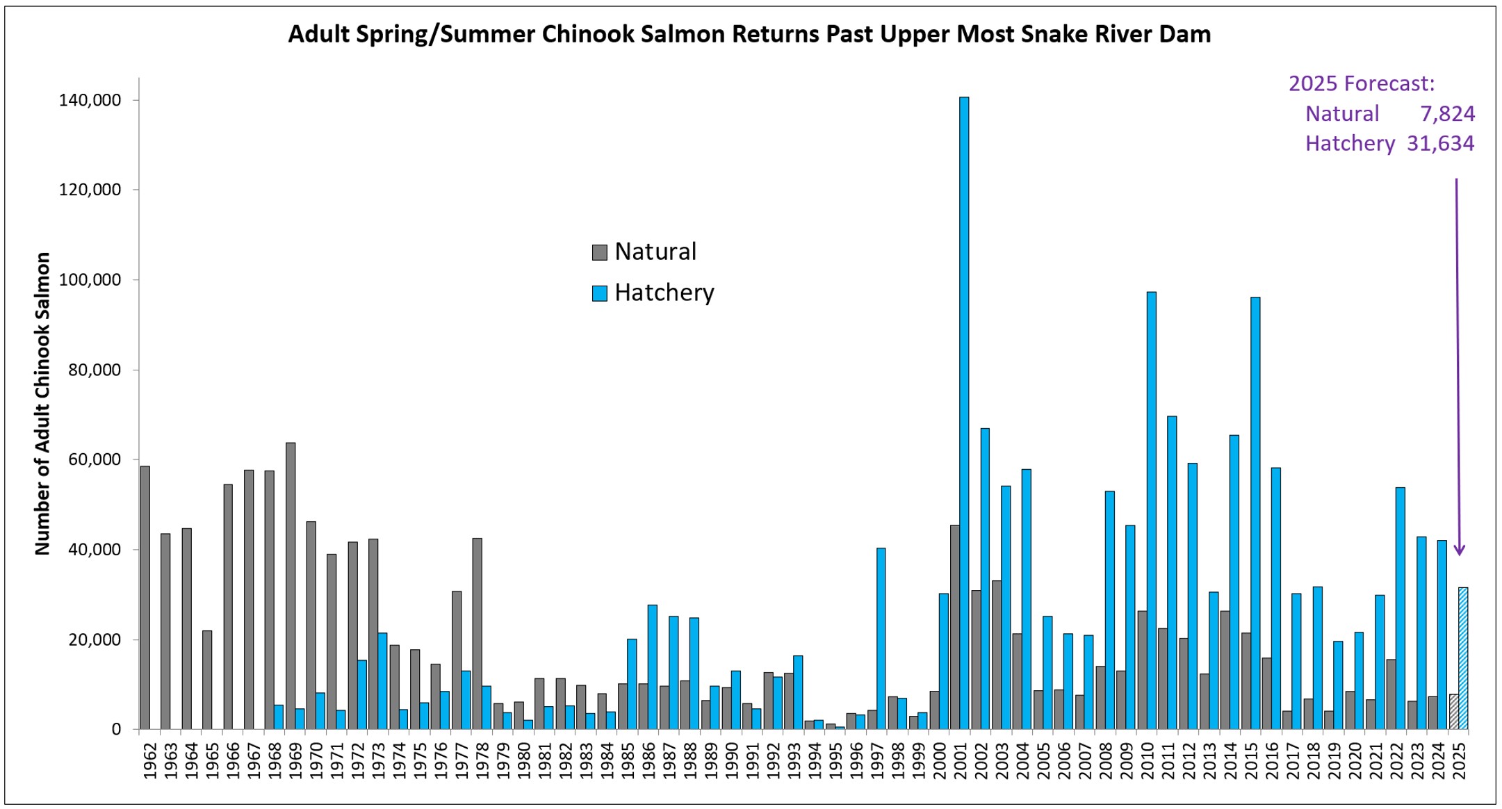Annual counts of spring and summer chinook at most upstream snake river dam