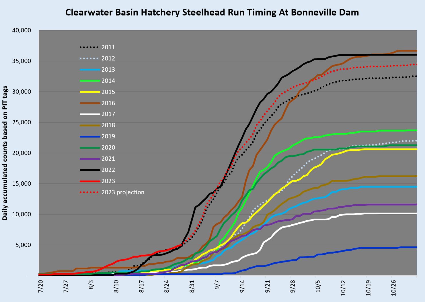 Clearwater hatchery steelhead run timing over Bonneville