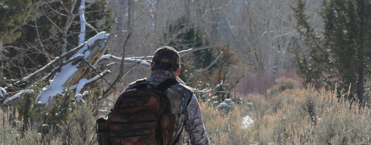 trapper walking with traps in snow vertical medium shot January 2015