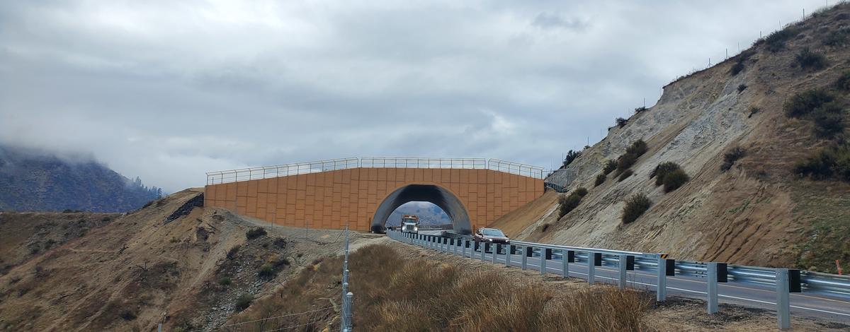 Vehicles travel under the newly completed wildlife overpass structure on Highway 21 near Boise